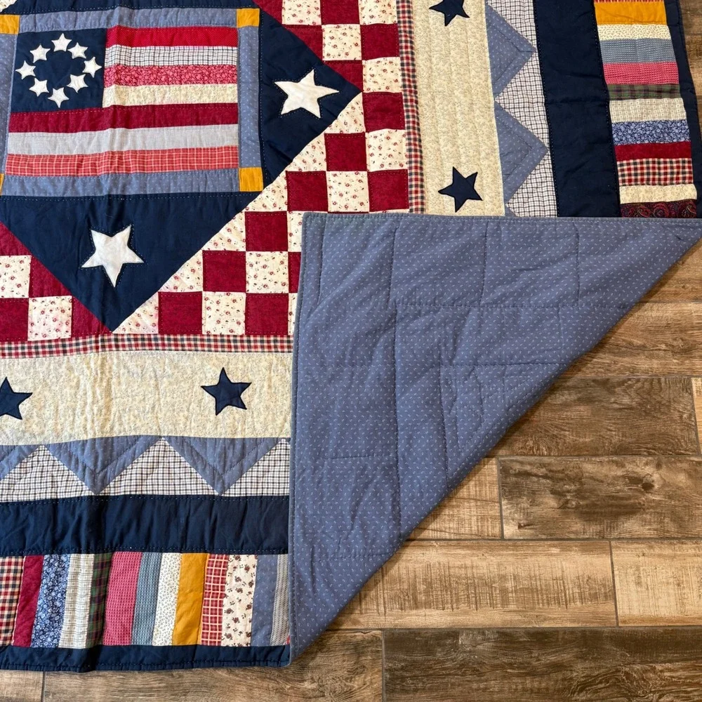 Handmade Americana Patchwork Quilt Betsy Ross Flag Queen 98x88 Red White Blue
